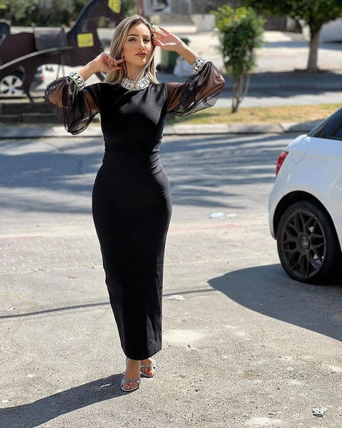 Black Sheer Sleeve Midi Dress H6537