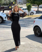 Black Sheer Sleeve Midi Dress H6537