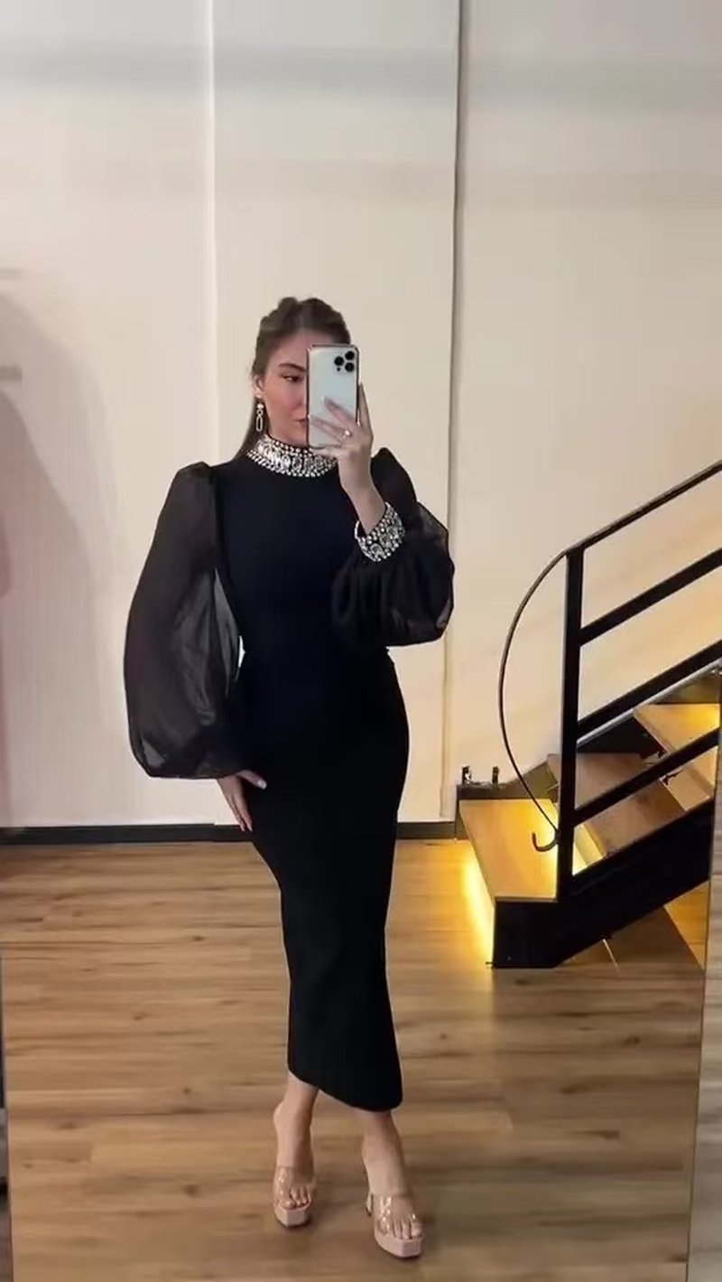 Black Sheer Sleeve Midi Dress H6537