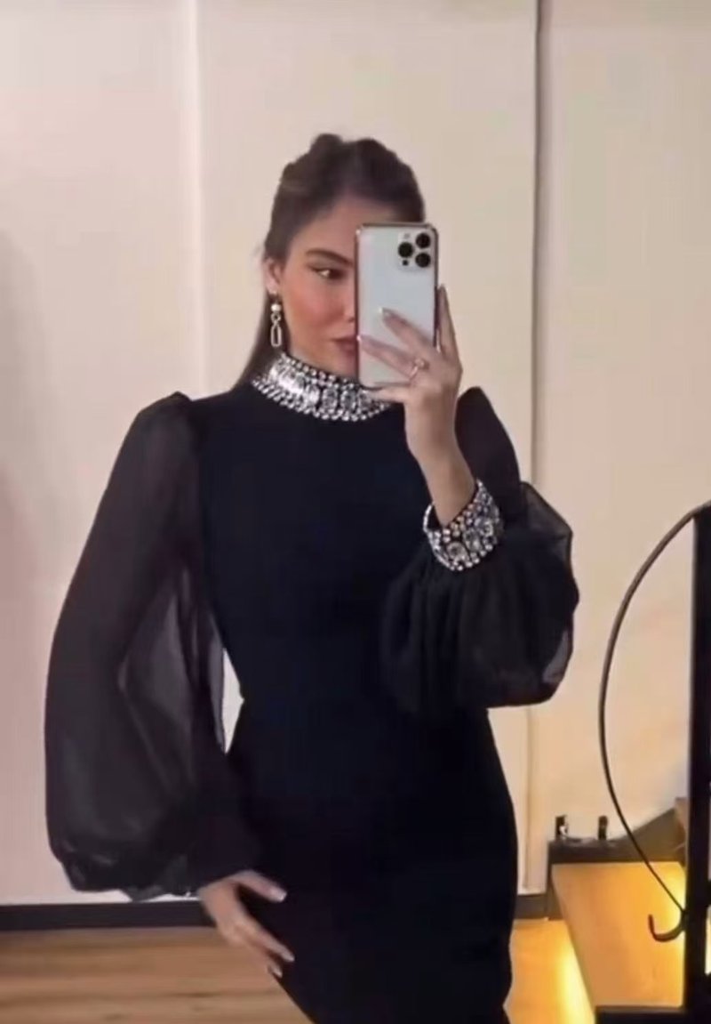 Black Sheer Sleeve Midi Dress H6537