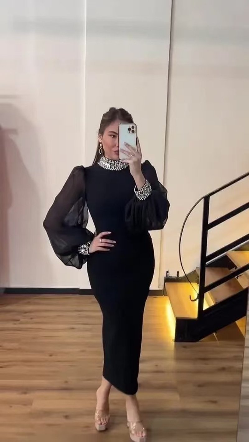 Black Sheer Sleeve Midi Dress H6537