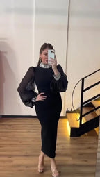 Black Sheer Sleeve Midi Dress H6537