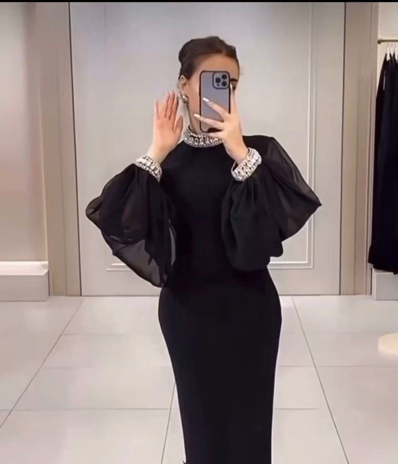 Black Sheer Sleeve Midi Dress H6537