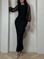Black Sheer Sleeve Midi Dress H6537