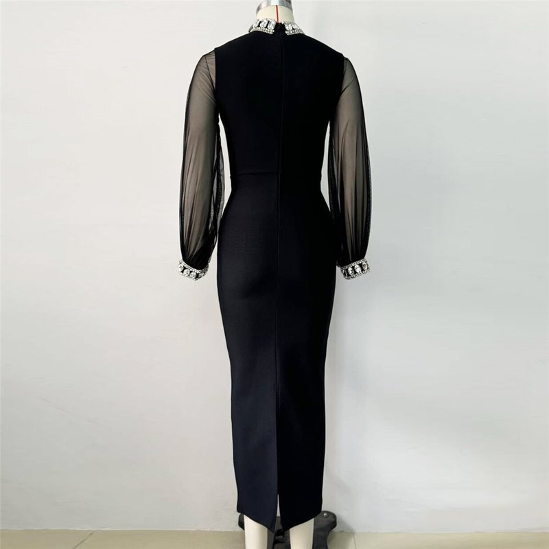 Black Sheer Sleeve Midi Dress H6537