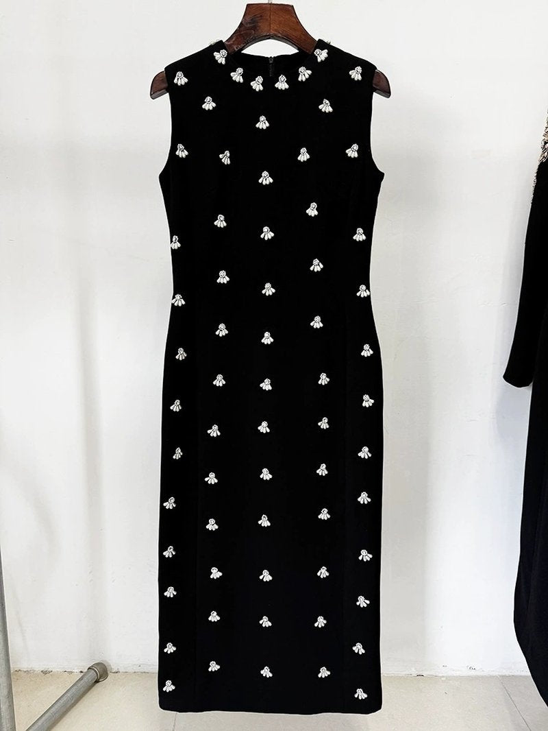 Black Sleeveless Embroidered Midi Dress H6602