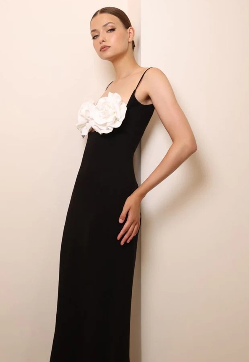 Black Strapless Floral Embellished Gown H6184