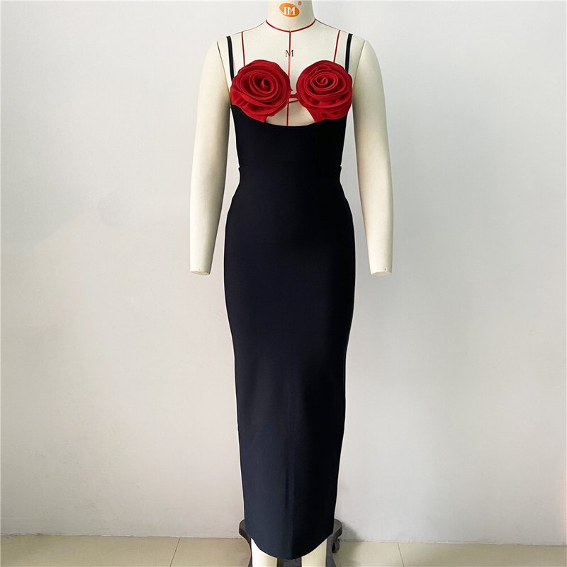 Black Strapless Floral Embellished Gown H6184