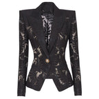 Black Tropical Print Tailored Blazer H7081
