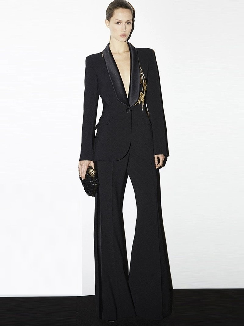 Black Tuxedo Suit with Gold Embellishment H6369