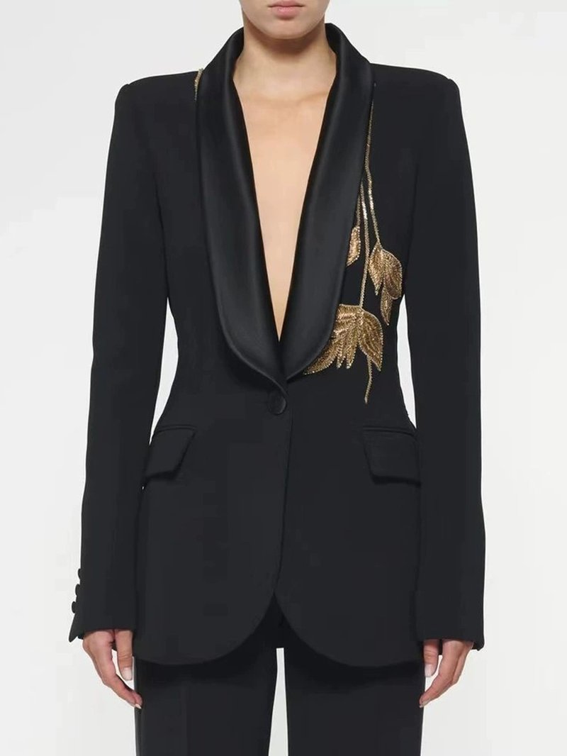 Black Tuxedo Suit with Gold Embellishment H6369
