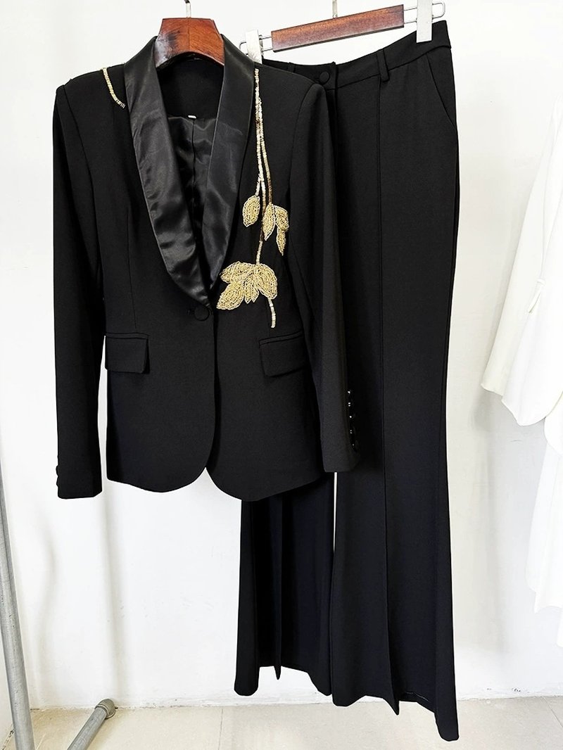 Black Tuxedo Suit with Gold Embellishment H6369