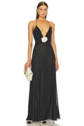 Black V-Neck Floral Embellished Maxi Dress H6060