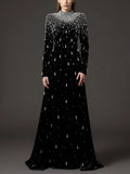 Black Velvet Beaded Long Sleeve Gown H6727