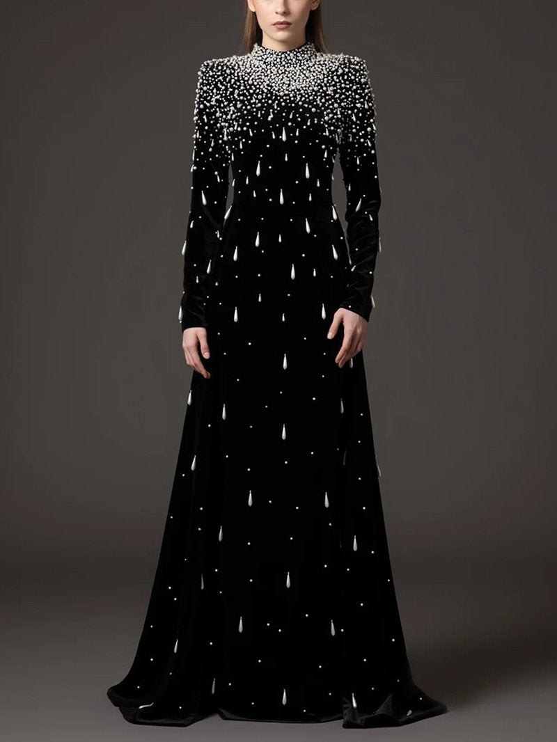 Black Velvet Beaded Long Sleeve Gown H6727