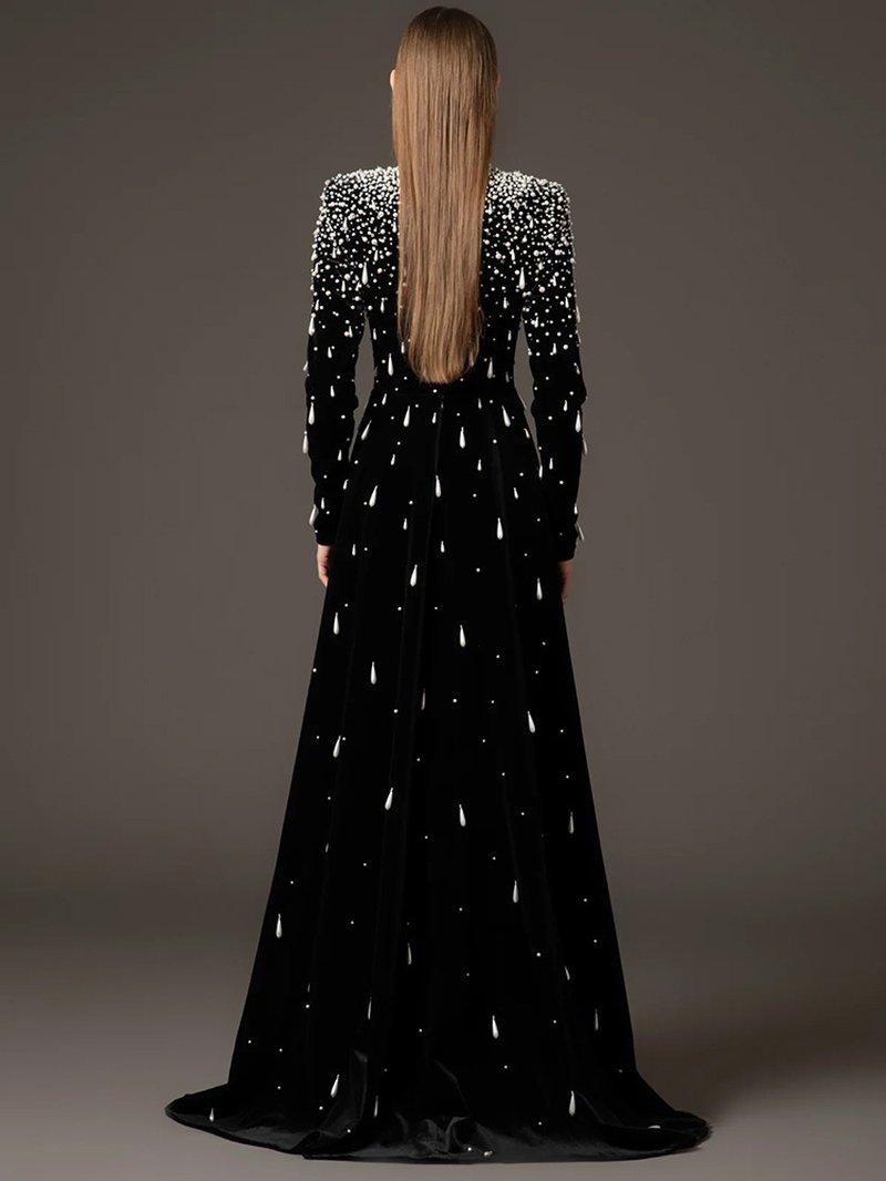 Black Velvet Beaded Long Sleeve Gown H6727