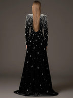 Black Velvet Beaded Long Sleeve Gown H6727