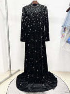 Black Velvet Beaded Long Sleeve Gown H6727