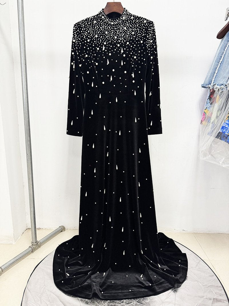 Black Velvet Beaded Long Sleeve Gown H6727