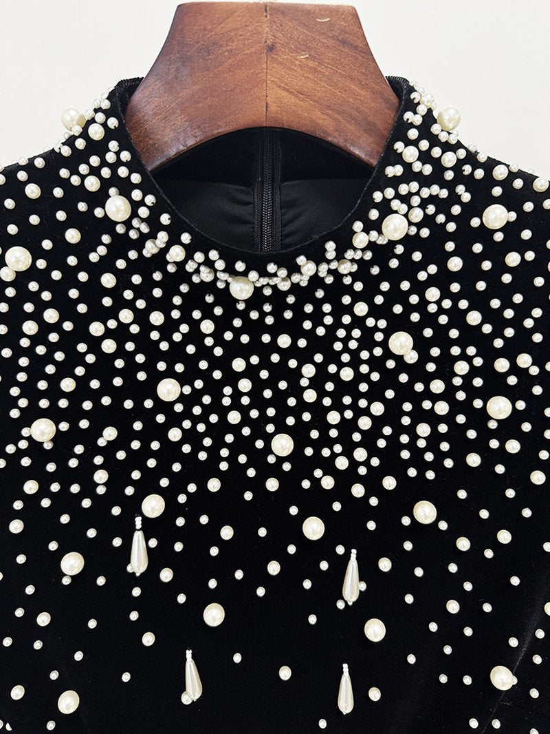 Black Velvet Beaded Long Sleeve Gown H6727