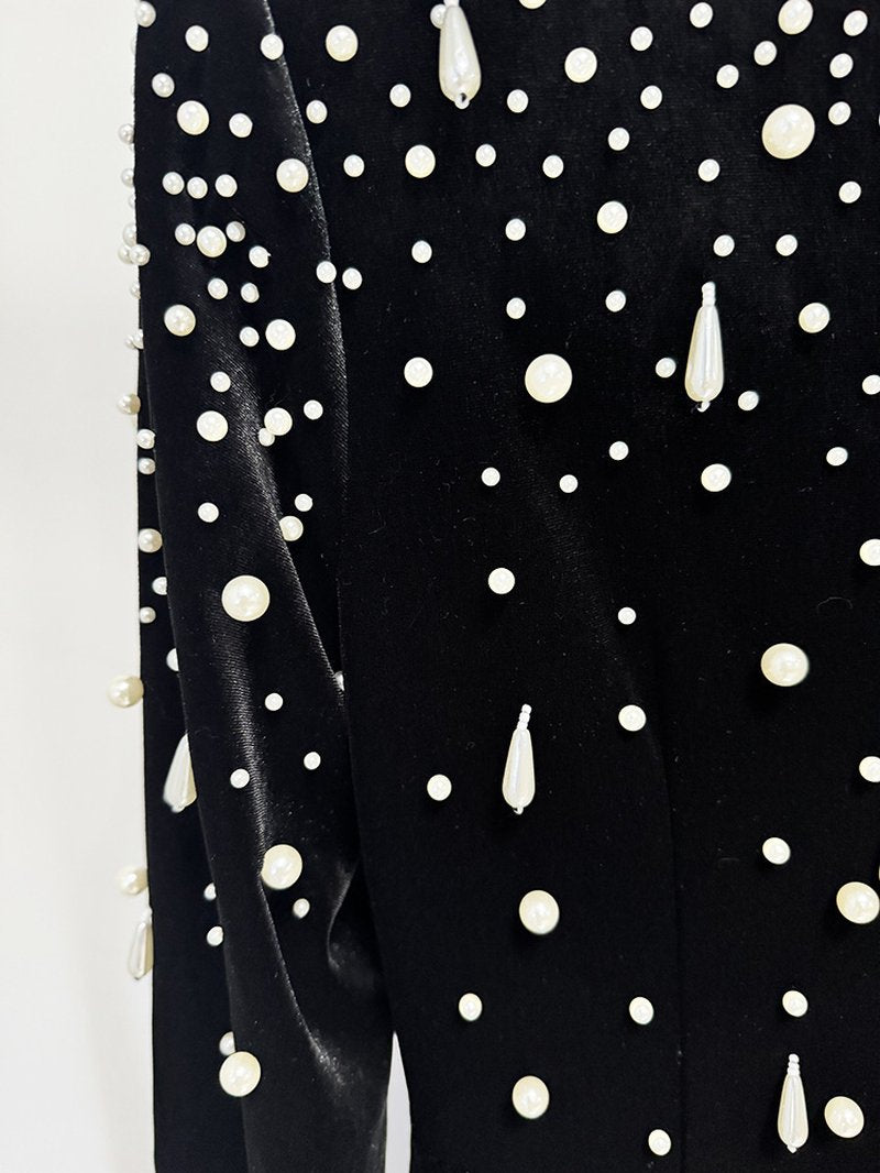 Black Velvet Beaded Long Sleeve Gown H6727