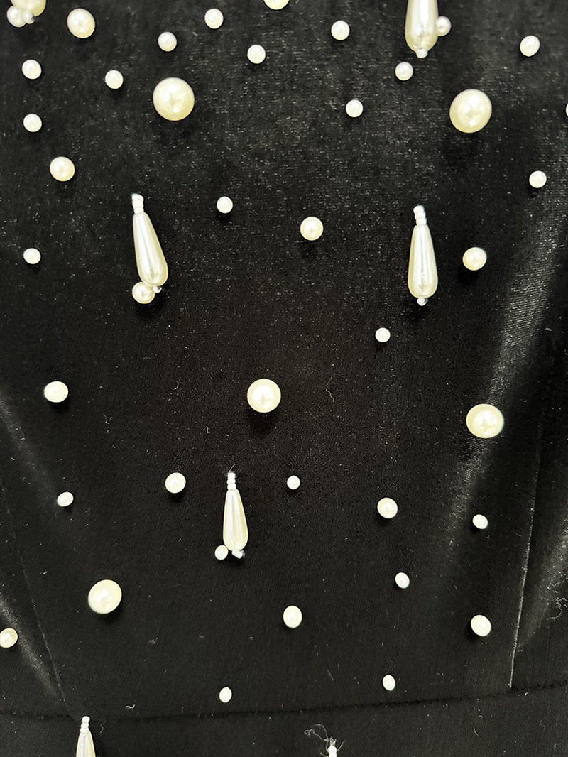Black Velvet Beaded Long Sleeve Gown H6727
