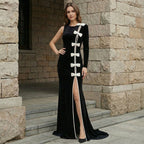 Black Velvet Bow Front Maxi Dress H7064
