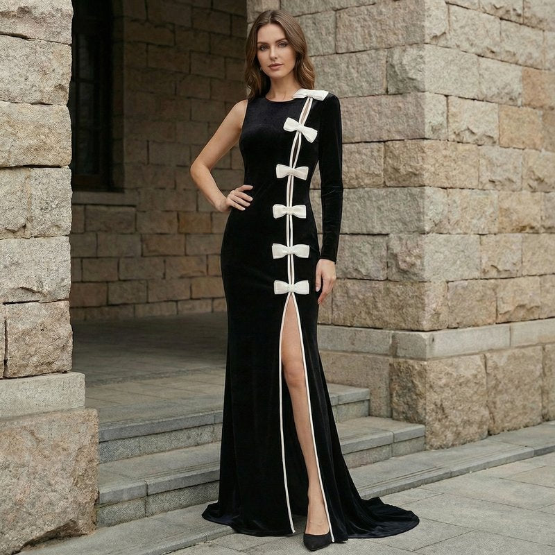 Black Velvet Bow Front Maxi Dress H7064