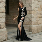 Black Velvet Bow Front Maxi Dress H7064