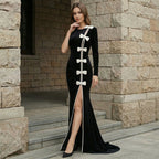Black Velvet Bow Front Maxi Dress H7064