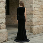 Black Velvet Bow Front Maxi Dress H7064
