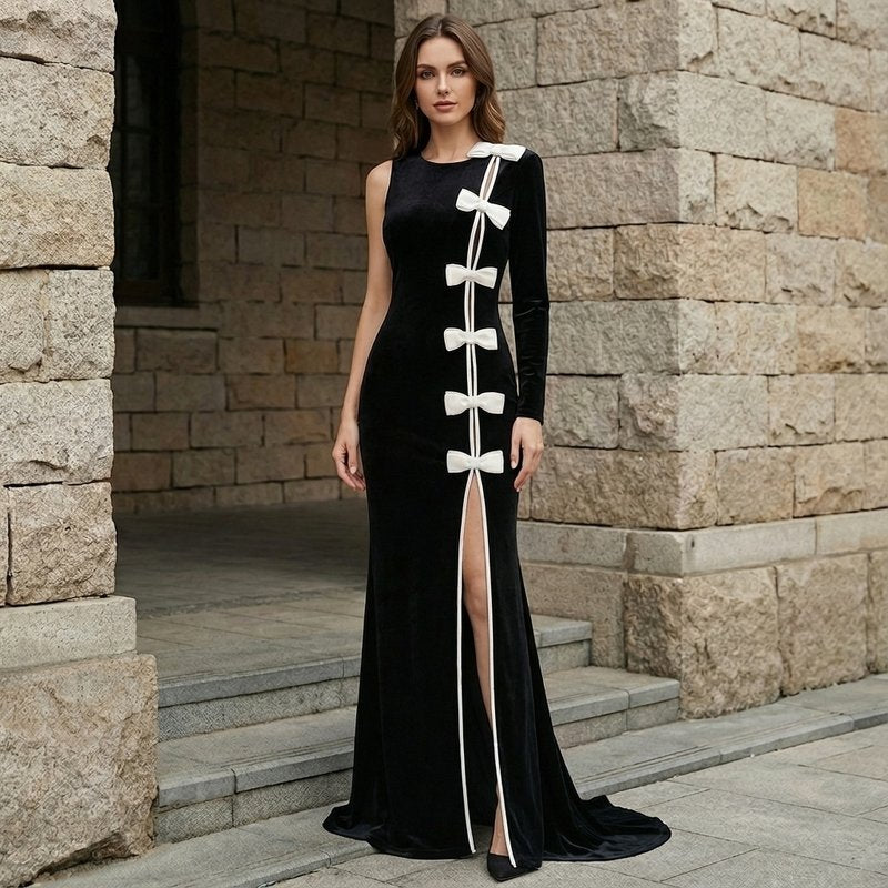 Black Velvet Bow Front Maxi Dress H7064