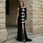 Black Velvet Bow Front Maxi Dress H7064