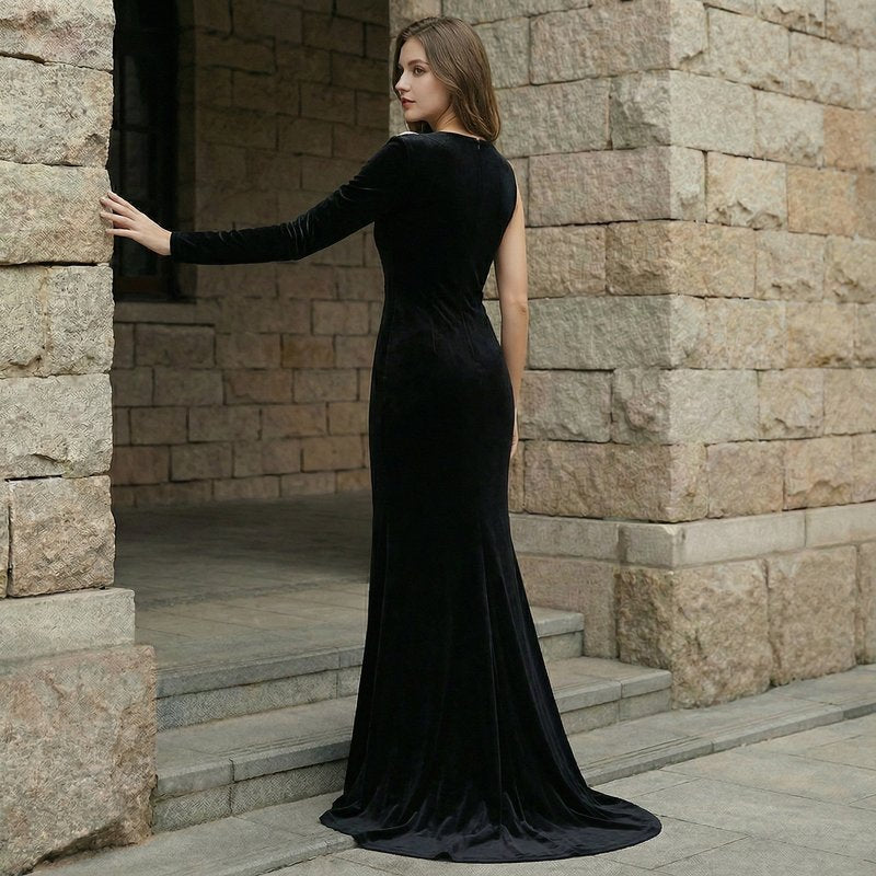 Black Velvet Bow Front Maxi Dress H7064