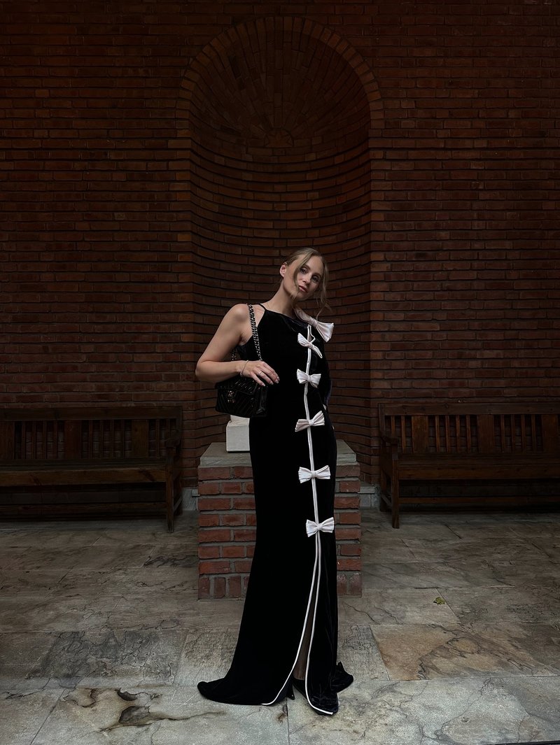 Black Velvet Bow Front Maxi Dress H7064
