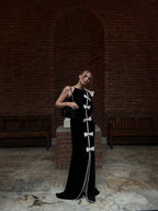 Black Velvet Bow Front Maxi Dress H7064