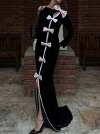 Black Velvet Bow Front Maxi Dress H7064