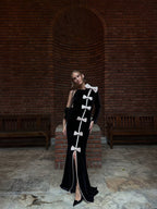 Black Velvet Bow Front Maxi Dress H7064