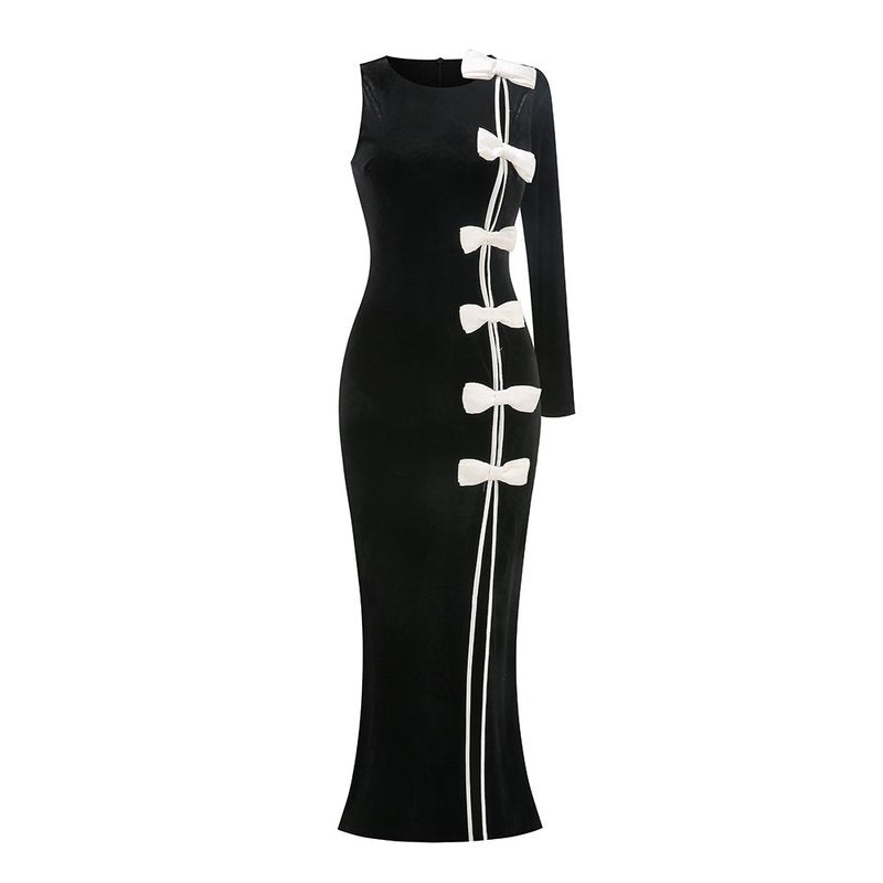 Black Velvet Bow Front Maxi Dress H7064