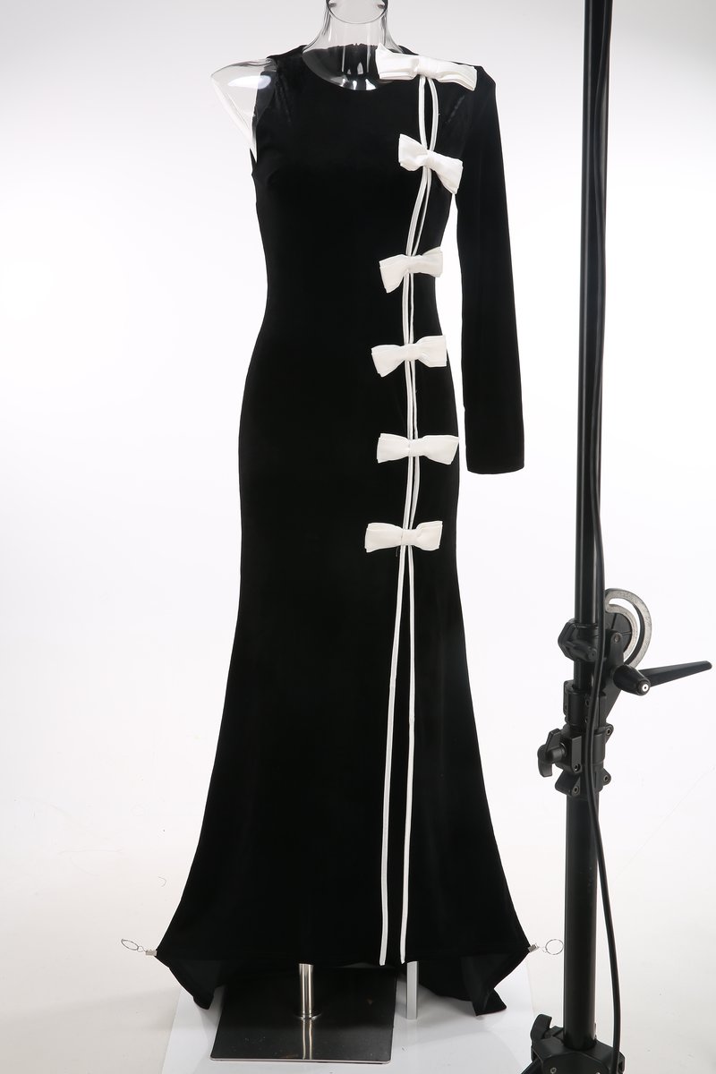 Black Velvet Bow Front Maxi Dress H7064