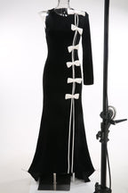 Black Velvet Bow Front Maxi Dress H7064