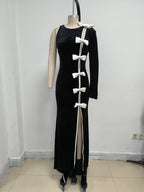 Black Velvet Bow Front Maxi Dress H7064