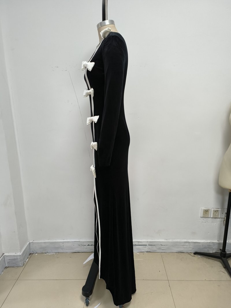 Black Velvet Bow Front Maxi Dress H7064