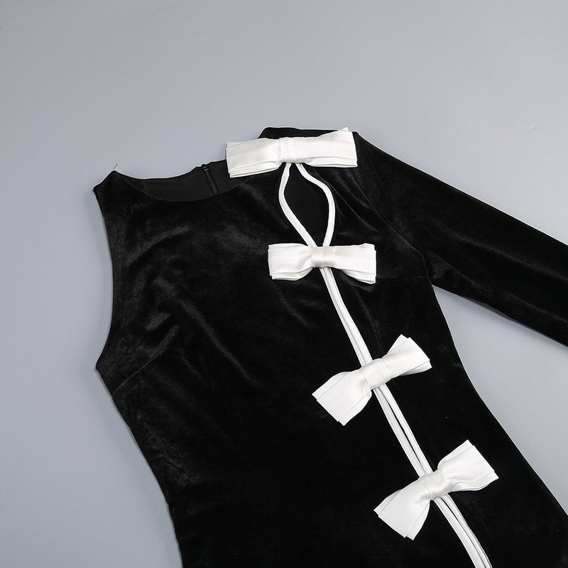 Black Velvet Bow Front Maxi Dress H7064