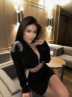 Black Velvet Crop Top & Mini Skirt Set H6029