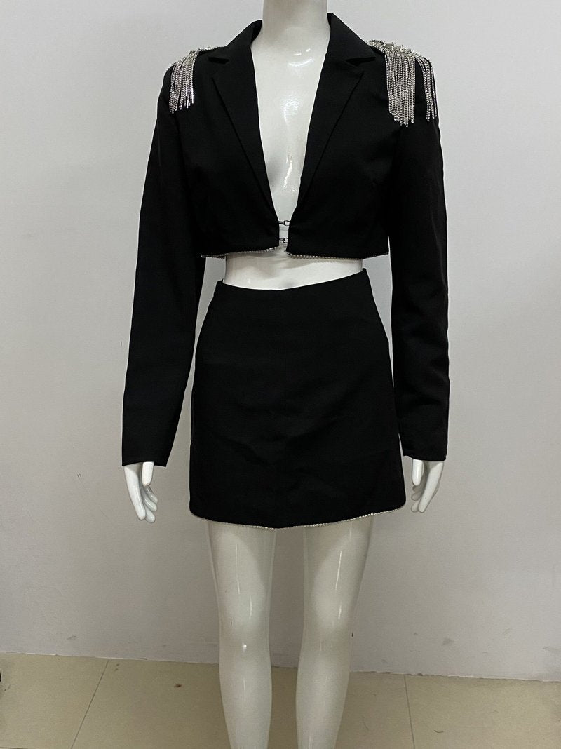 Black Velvet Crop Top & Mini Skirt Set H6029
