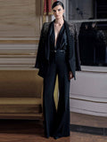 Black Velvet Embellished Tuxedo Coat Set H6738