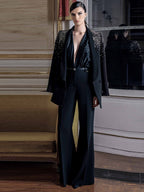 Black Velvet Embellished Tuxedo Coat Set H6738