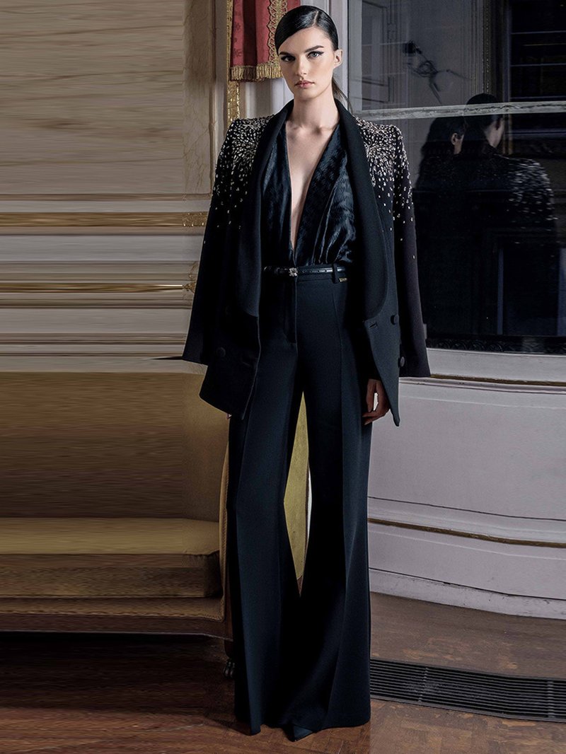 Black Velvet Embellished Tuxedo Coat Set H6738