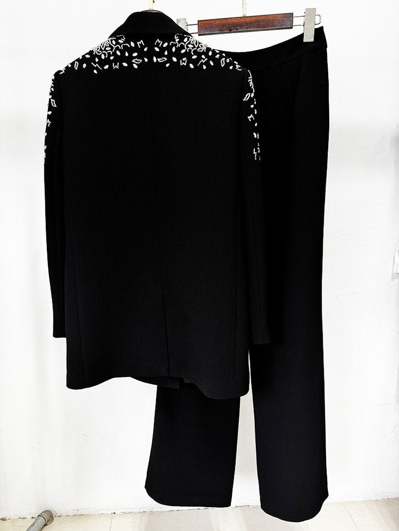 Black Velvet Embellished Tuxedo Coat Set H6738